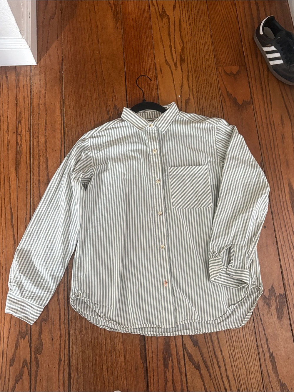 Woman’s Marine Layer green and White Striped Button-Up Shirt